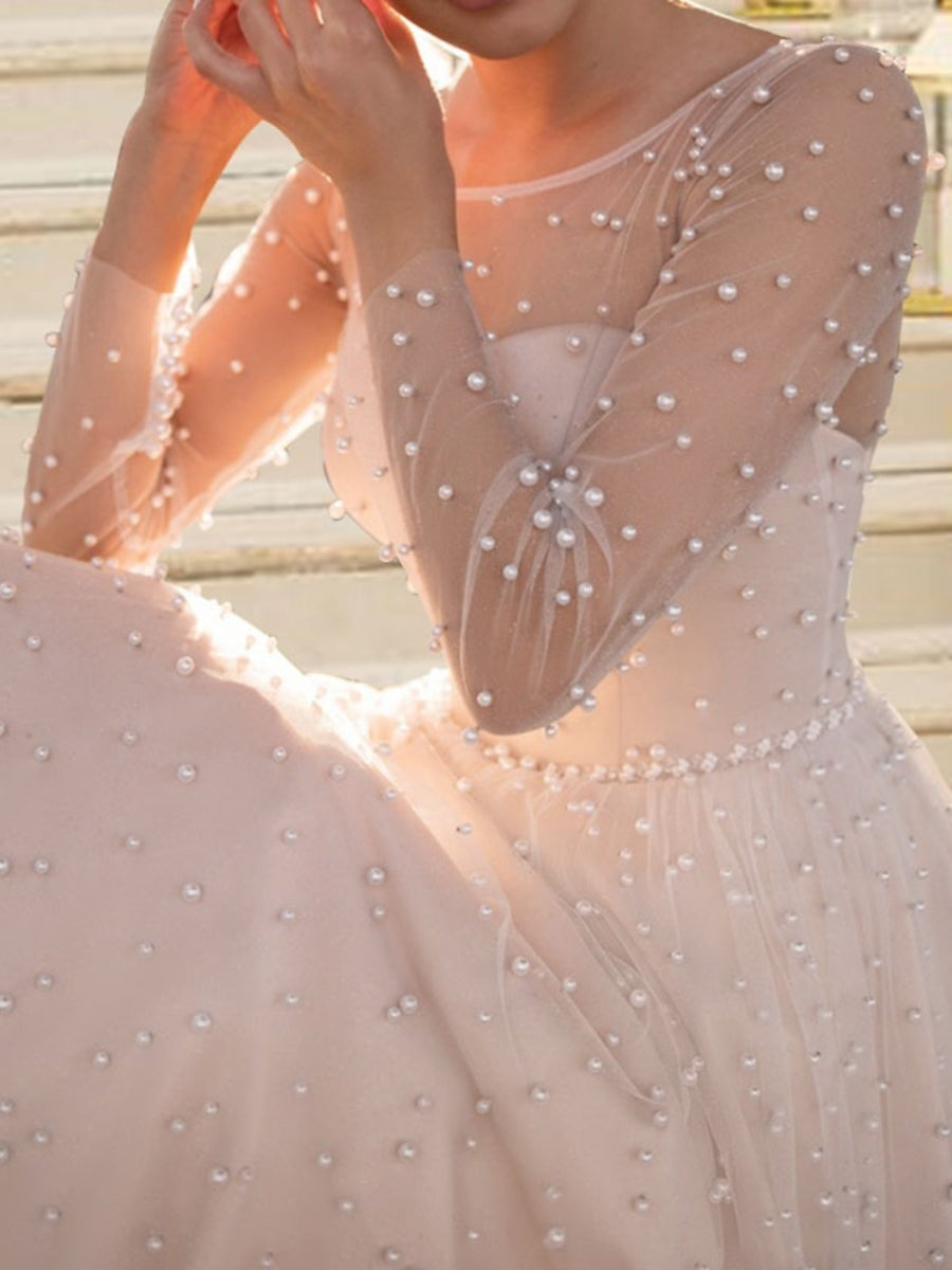 A-Line/Princess Scoop Tulle Cocktail Dresses Beading Long Sleeves Tea-Length Formal Dresses