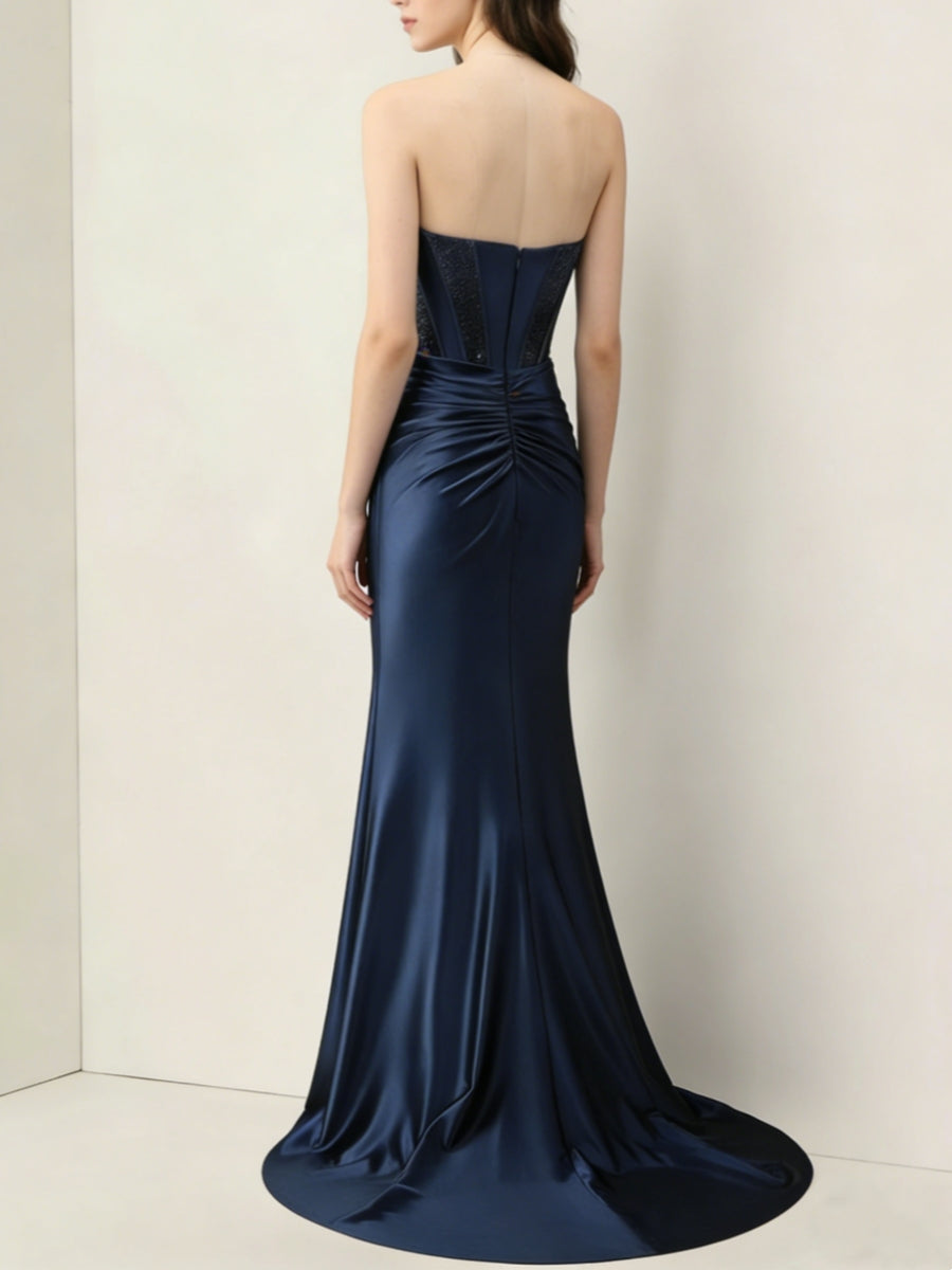 Trumpet/Mermaid Strapless Satin Evening Dresses Sleeveless Split Side Floor-Length Sweep Train with Bow
