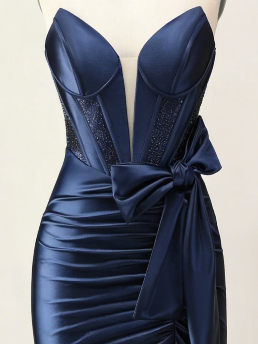 Trumpet/Mermaid Strapless Satin Evening Dresses Sleeveless Split Side Floor-Length Sweep Train with Bow