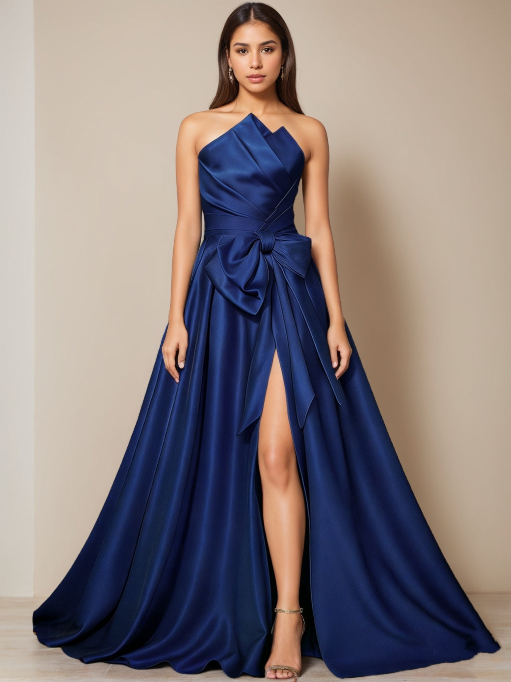 A-Line/Princess Strapless Satin Evening Dresses Sleeveless Floor-Length Formal Dress High Split with Bow