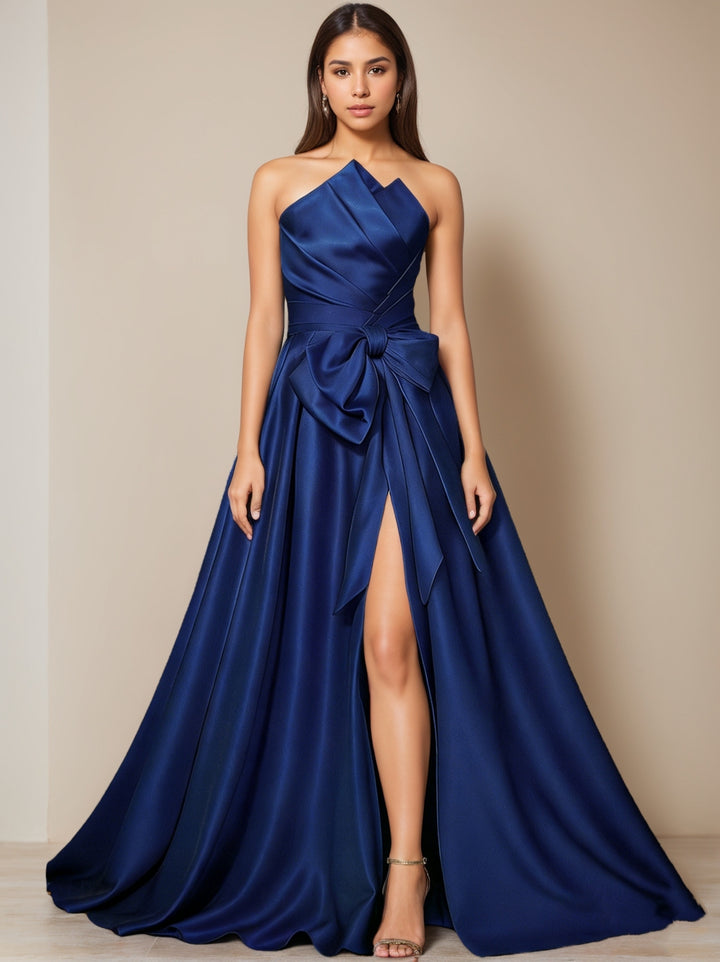A-Line/Princess Strapless Satin Evening Dresses Sleeveless Floor-Length Formal Dress High Split with Bow