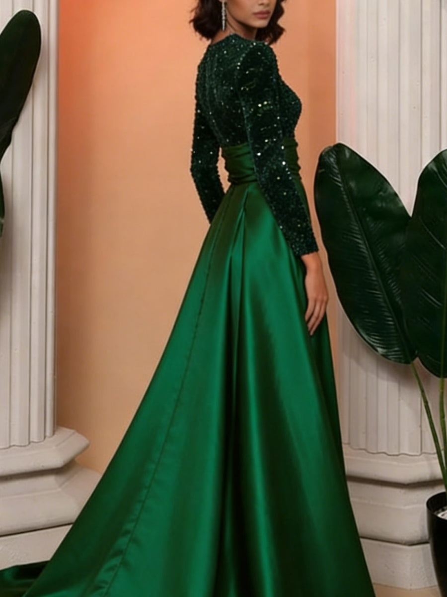 A-Line/Princess Scoop Satin Evening Dresses Long Sleeves Sequins Floor-Length Party Dress Court Train