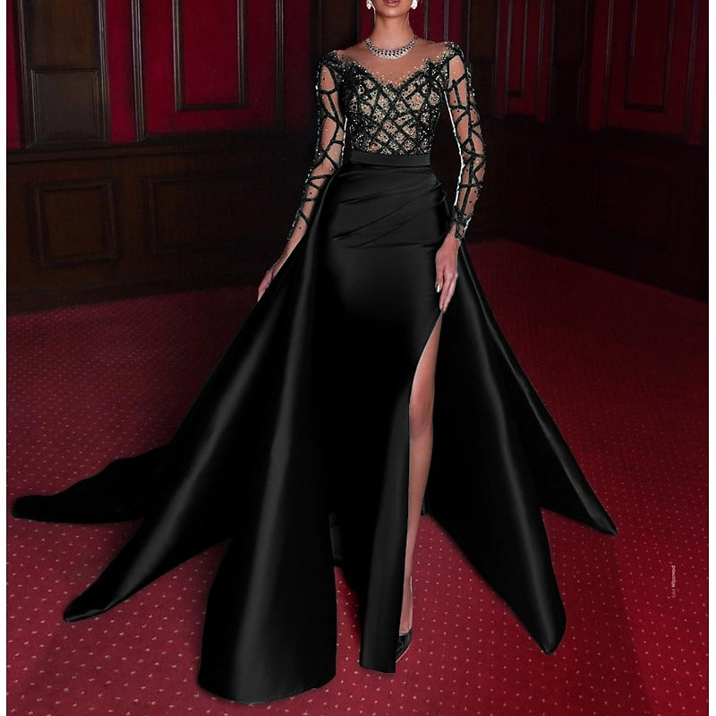 Trumpet/Mermaid Scoop Satin Evening Dresses Long Sleeves Sequins Floor-Length Party Dress with Split Side Court Train