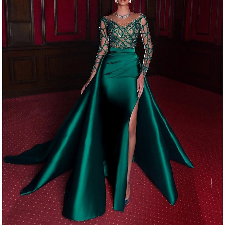 Trumpet/Mermaid Scoop Satin Evening Dresses Long Sleeves Sequins Floor-Length Party Dress with Split Side Court Train