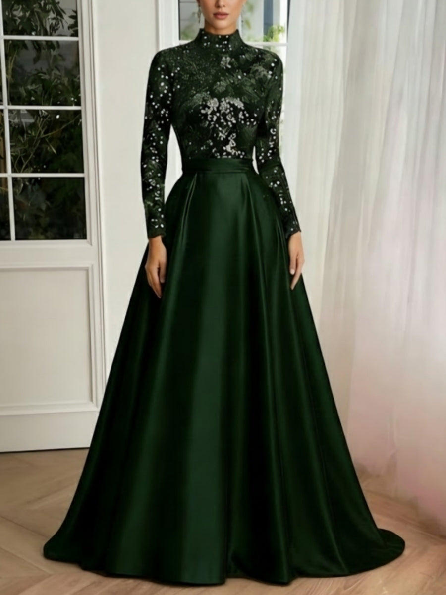 A-Line/Princess High Neck Satin Evening Dresses Long Sleeves Sequins Floor-Length Party Dress