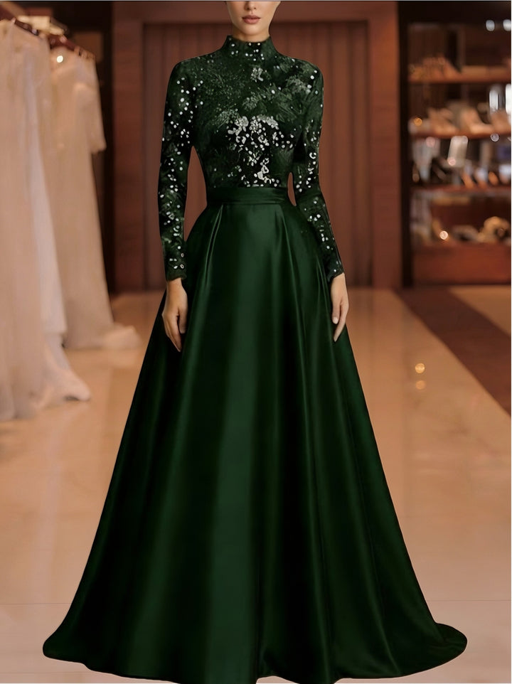 A-Line/Princess High Neck Satin Evening Dresses Long Sleeves Sequins Floor-Length Party Dress