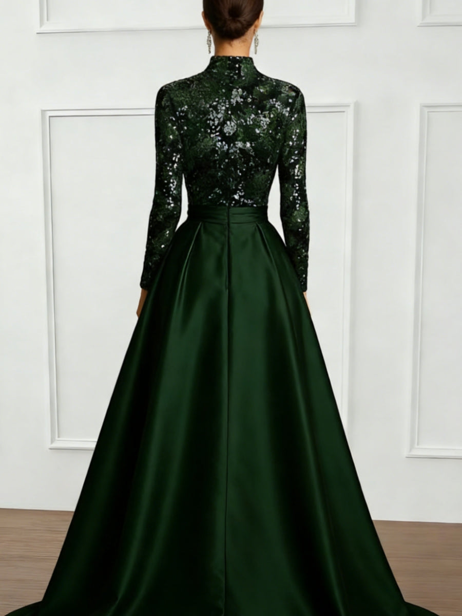 A-Line/Princess High Neck Satin Evening Dresses Long Sleeves Sequins Floor-Length Party Dress
