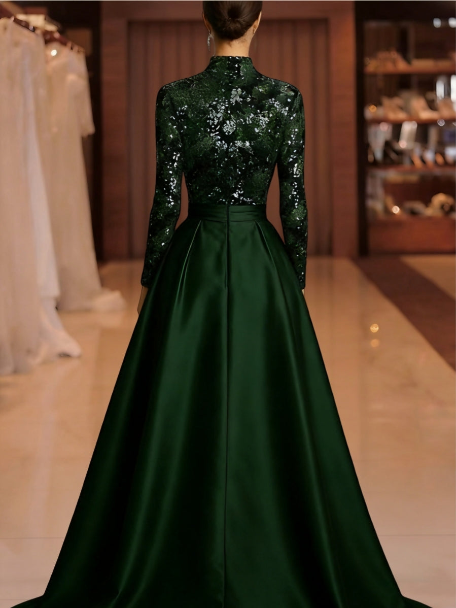 A-Line/Princess High Neck Satin Evening Dresses Long Sleeves Sequins Floor-Length Party Dress