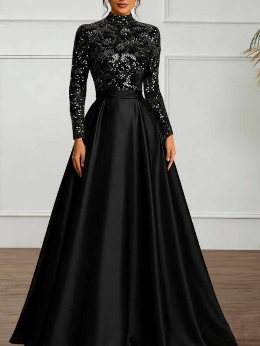 A-Line/Princess High Neck Satin Evening Dresses Long Sleeves Sequins Floor-Length Party Dress