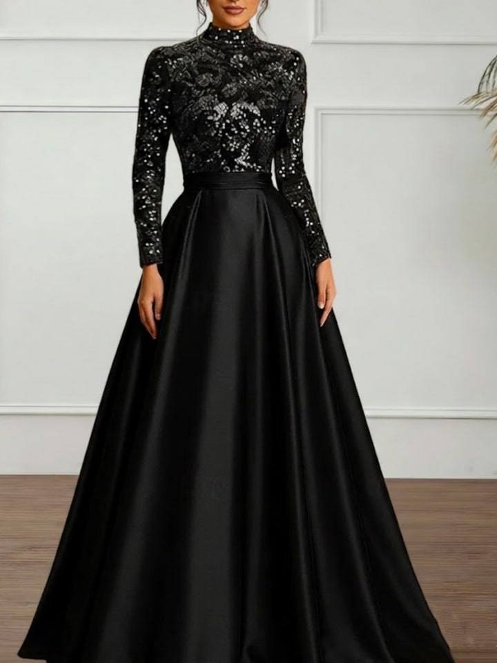 A-Line/Princess High Neck Satin Evening Dresses Long Sleeves Sequins Floor-Length Party Dress