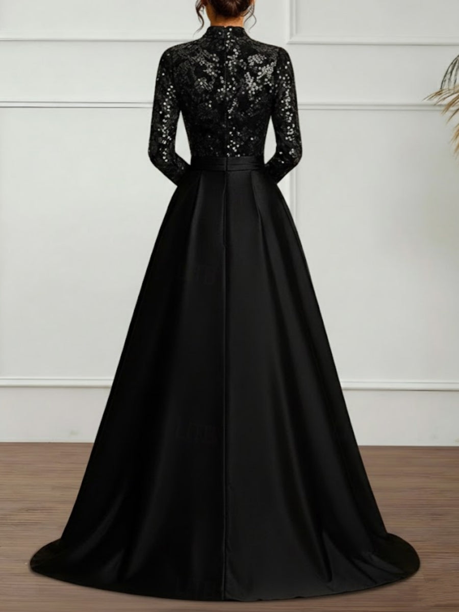 A-Line/Princess High Neck Satin Evening Dresses Long Sleeves Sequins Floor-Length Party Dress