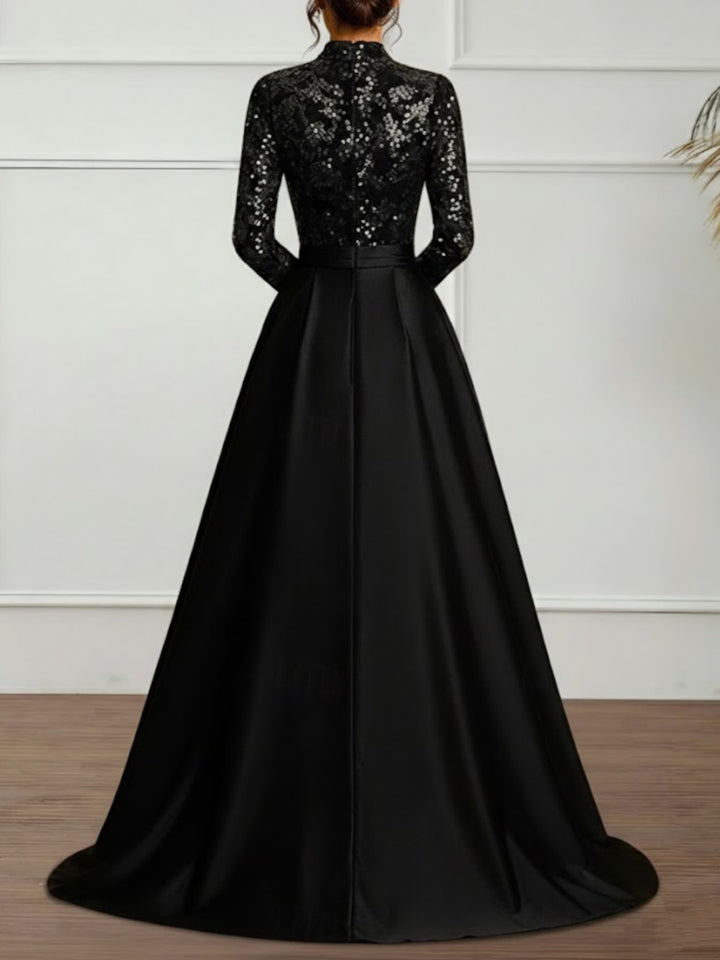 A-Line/Princess High Neck Satin Evening Dresses Long Sleeves Sequins Floor-Length Party Dress