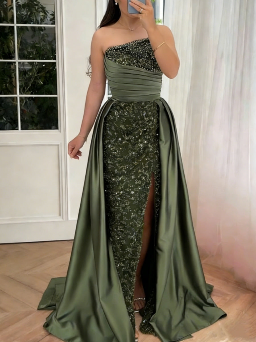 mermaid like dresses Green Sheath Evening Maxi Gowns 2026 for Women Strapless Sequin Satin Floor-Length Formal Wedding Guest Dresses with Slit, Olive Green