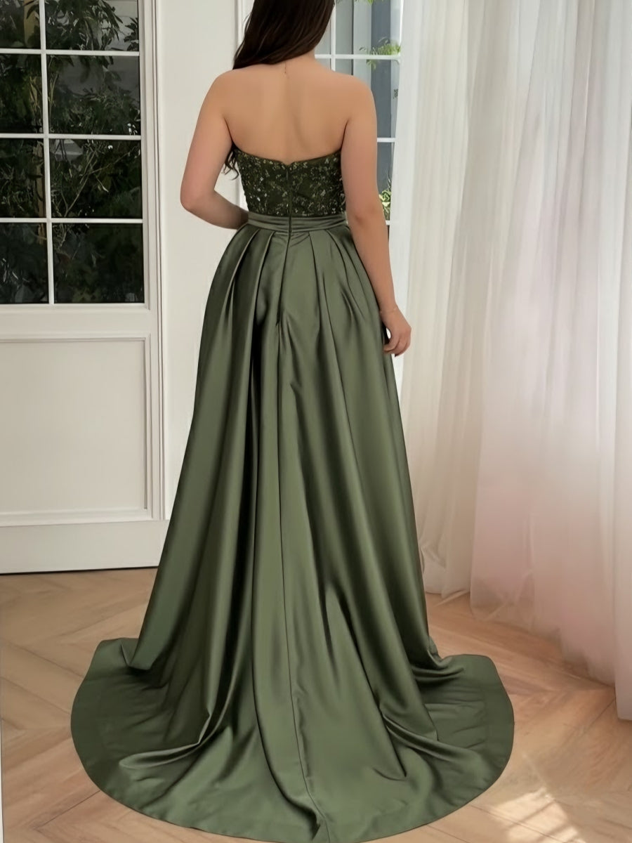 Trumpet/Mermaid Strapless Satin Evening Dresses Sequins Sleeveless Floor-Length Beading Party Dress with Overskirt