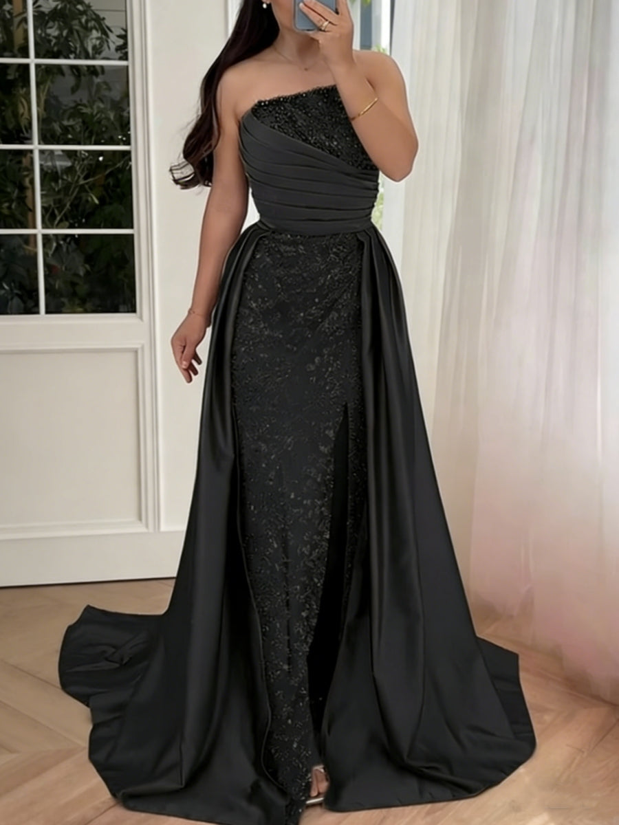 Trumpet/Mermaid Strapless Satin Evening Dresses Sequins Sleeveless Floor-Length Beading Party Dress with Overskirt