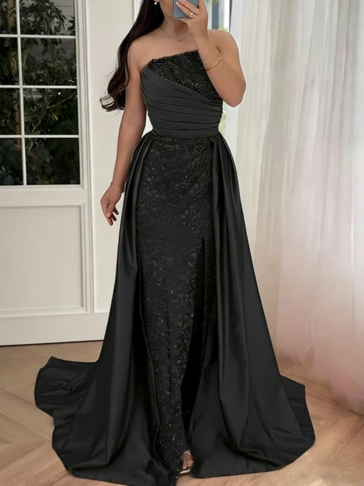 Trumpet/Mermaid Strapless Satin Evening Dresses Sequins Sleeveless Floor-Length Beading Party Dress with Overskirt