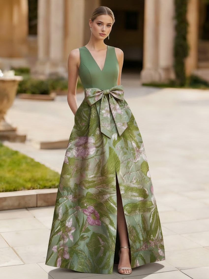 A-Line/Princess V-Neck Satin Evening Dresses Sleeveless Floral Floor-Length Bow Party Dress with Split Side