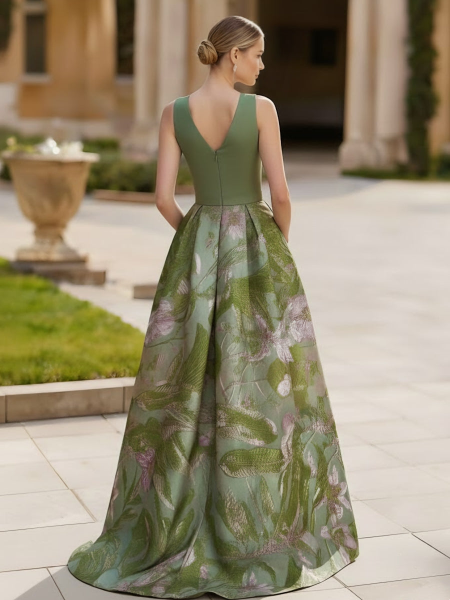 A-Line/Princess V-Neck Satin Evening Dresses Sleeveless Floral Floor-Length Bow Party Dress with Split Side