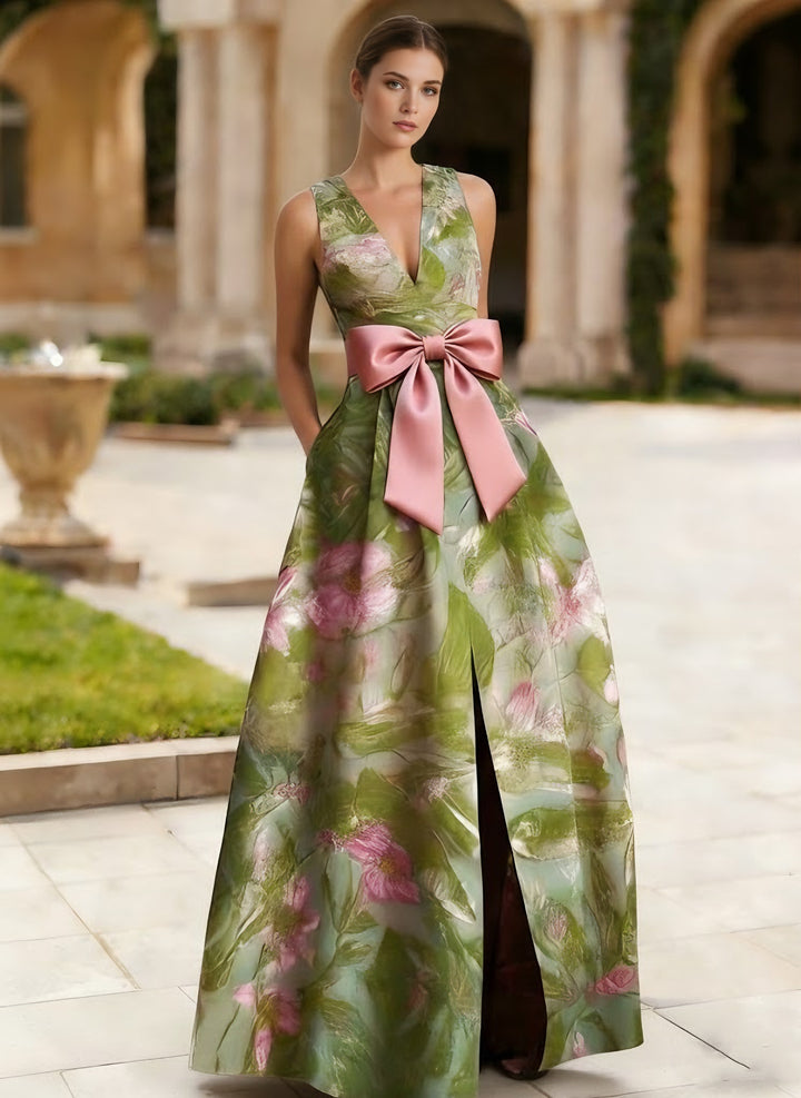A-Line/Princess V-Neck Satin Evening Dresses Sleeveless Floral Floor-Length Bow Party Dress with Split Side