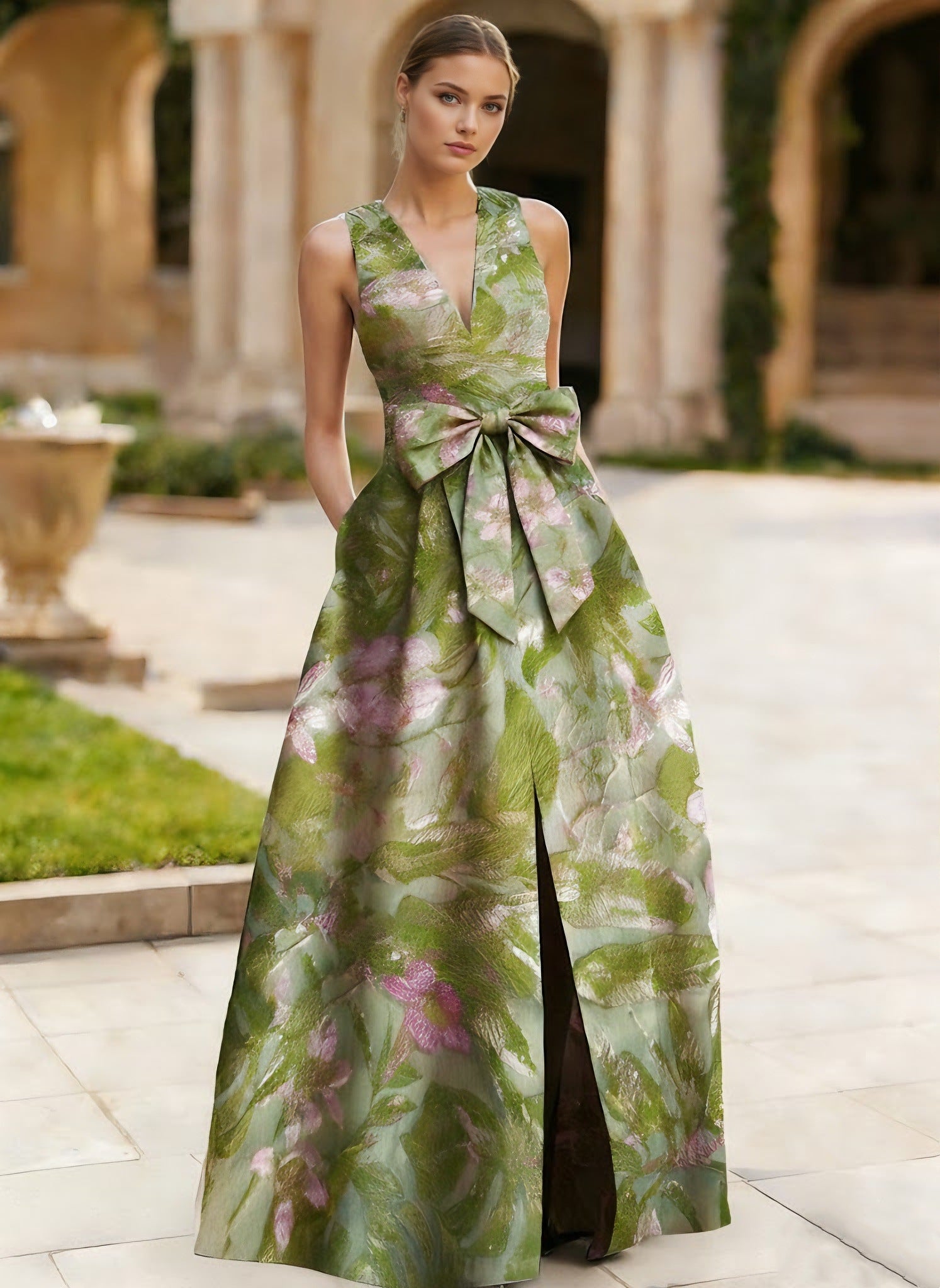 Green A-Line Evening Maxi Gowns 2026 for Women V Neck Sleeveless Floral Satin Floor-Length Formal Wedding Guest Dresses with Bow