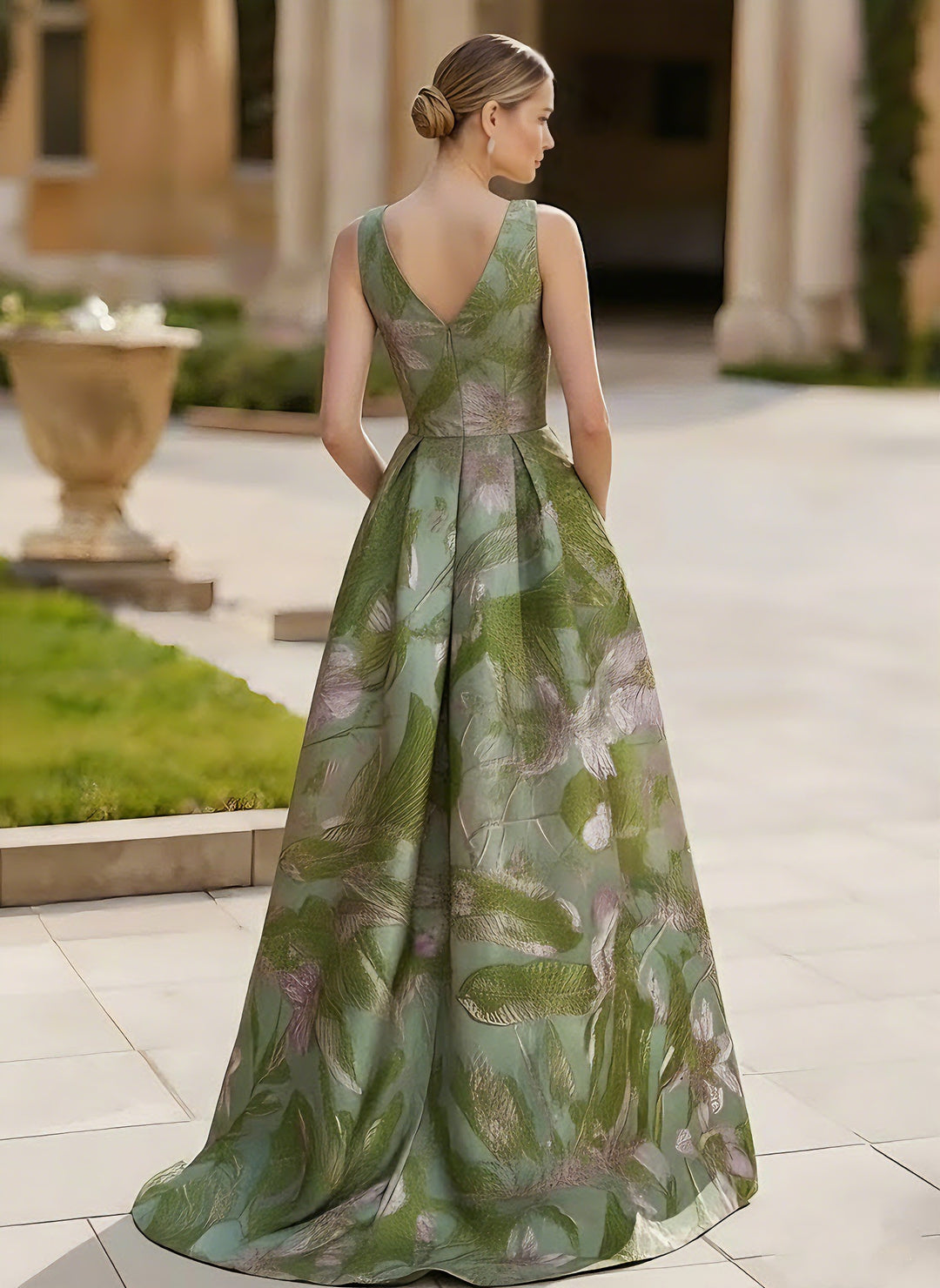 A-Line/Princess V-Neck Satin Evening Dresses Sleeveless Floor-Length Floral Bowknot Party Dress with Split Side