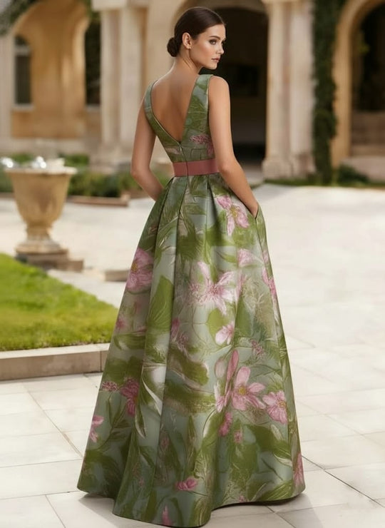 V-Neck Satin Evening Dresses Sleeveless Floral Floor-Length Bowknot Party Dress with Split Side main image 1