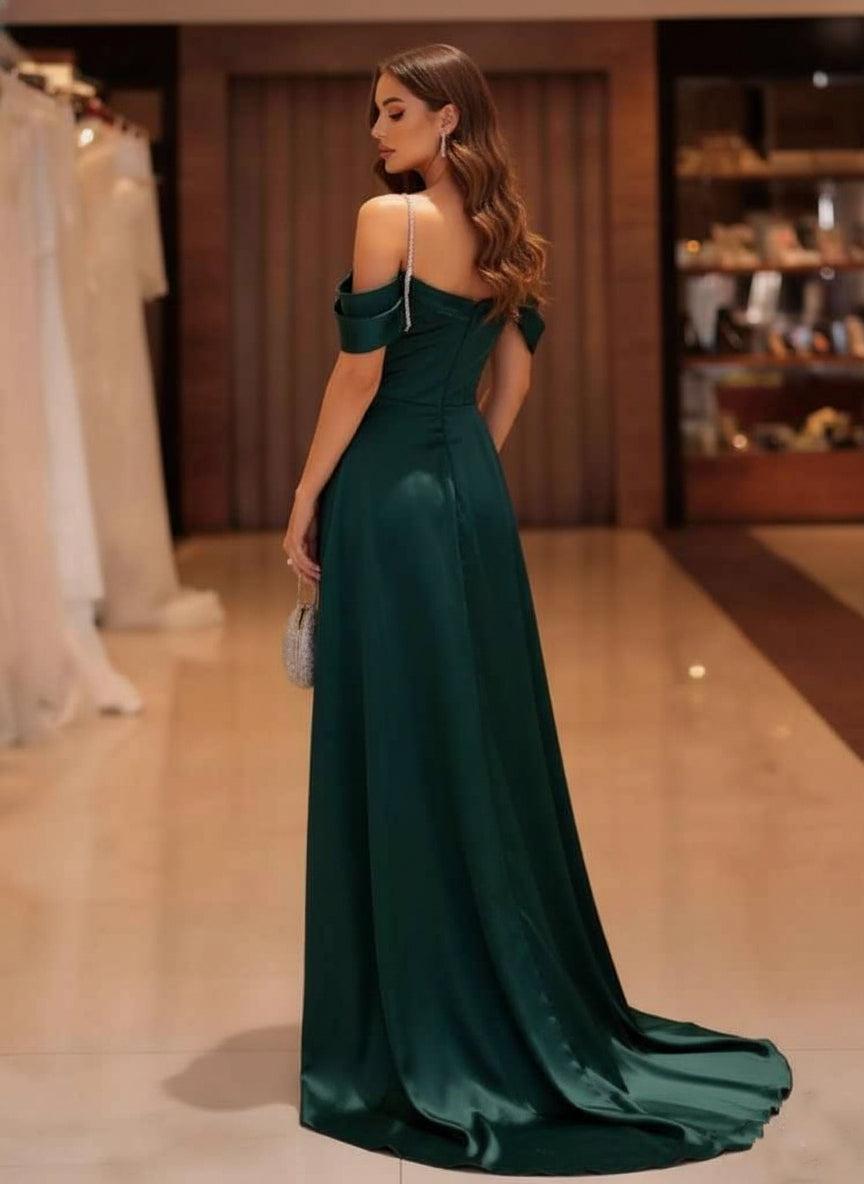 Trumpet/Mermaid Spaghetti Straps Silk Satin Evening Dresses with Split Side Strapless Floor-Length Ruched Party Dresses