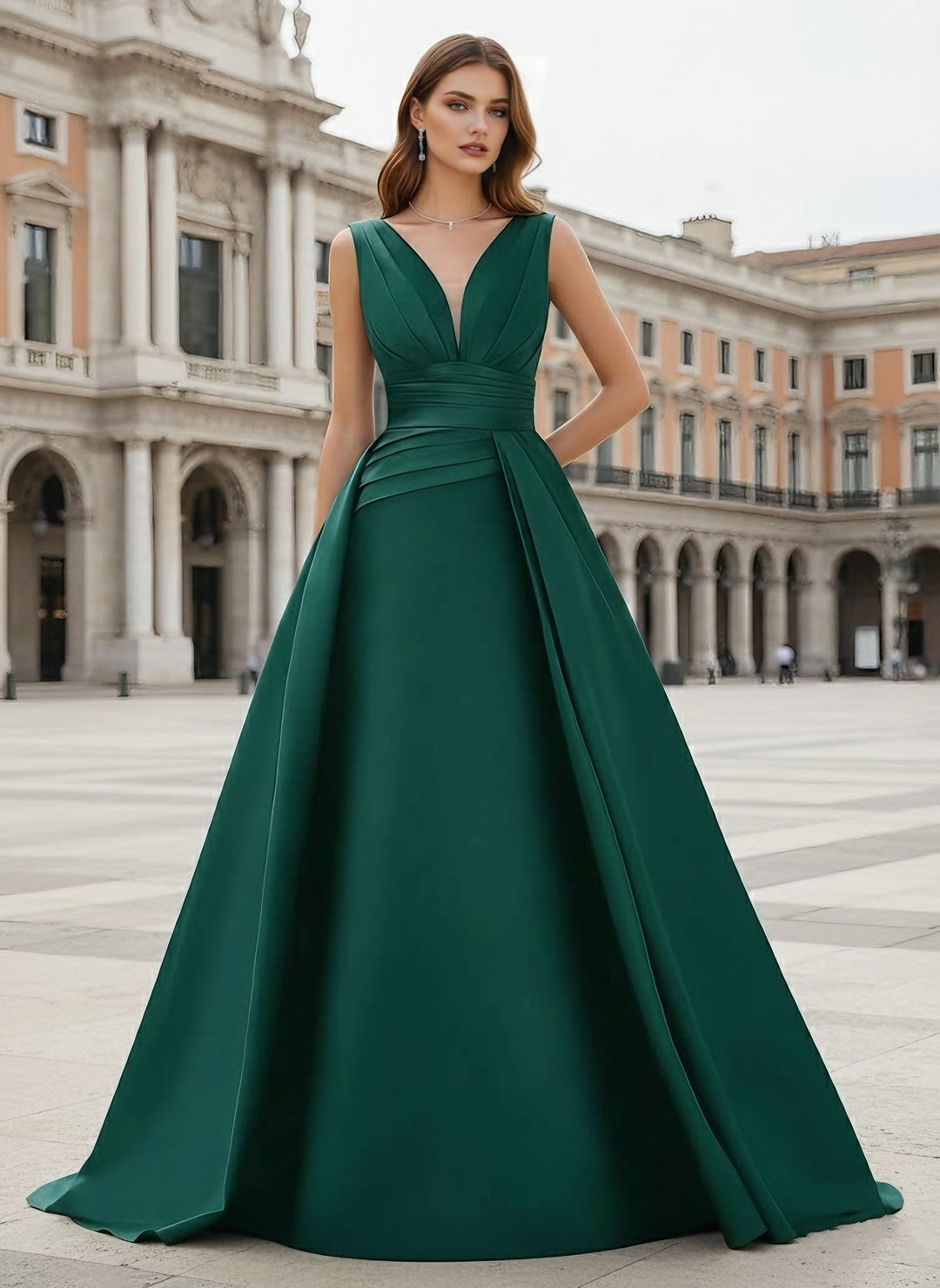 A-Line/Princess V-Neck Satin Evening Dresses Sleeveless Sweep Train Ruched Party Dresses