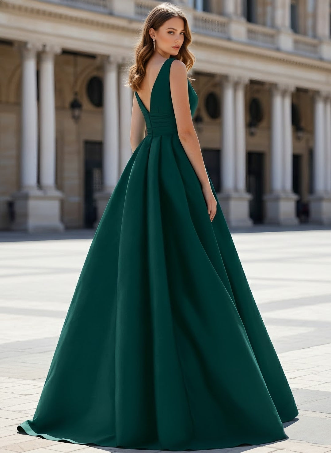 A-Line/Princess V-Neck Satin Evening Dresses Sleeveless Sweep Train Ruched Party Dresses