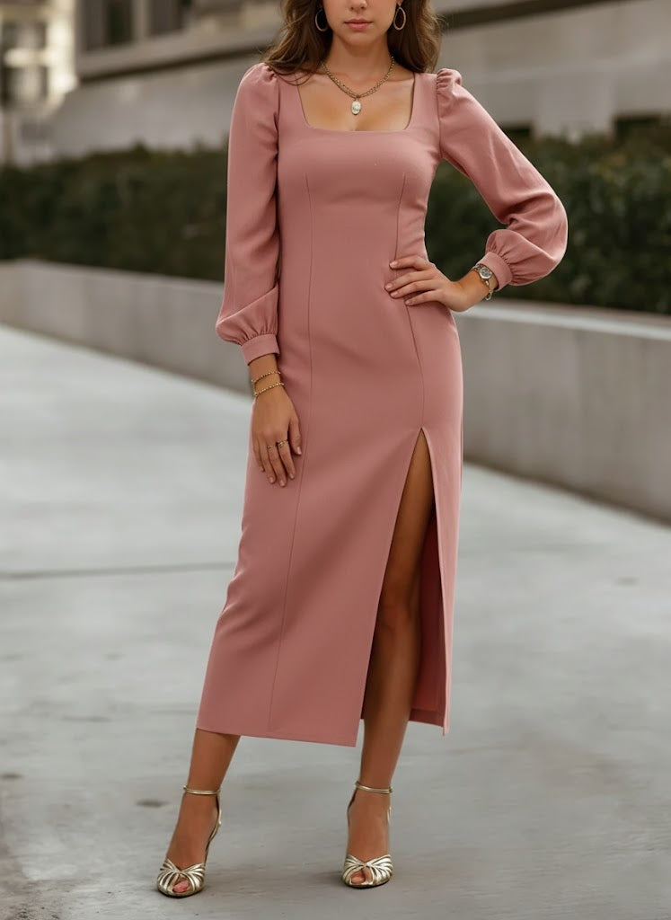 Sheath/Column Square Collar Cocktail Dresses Elastic Chiffon Tea-Length Long Sleeves Formal Dress