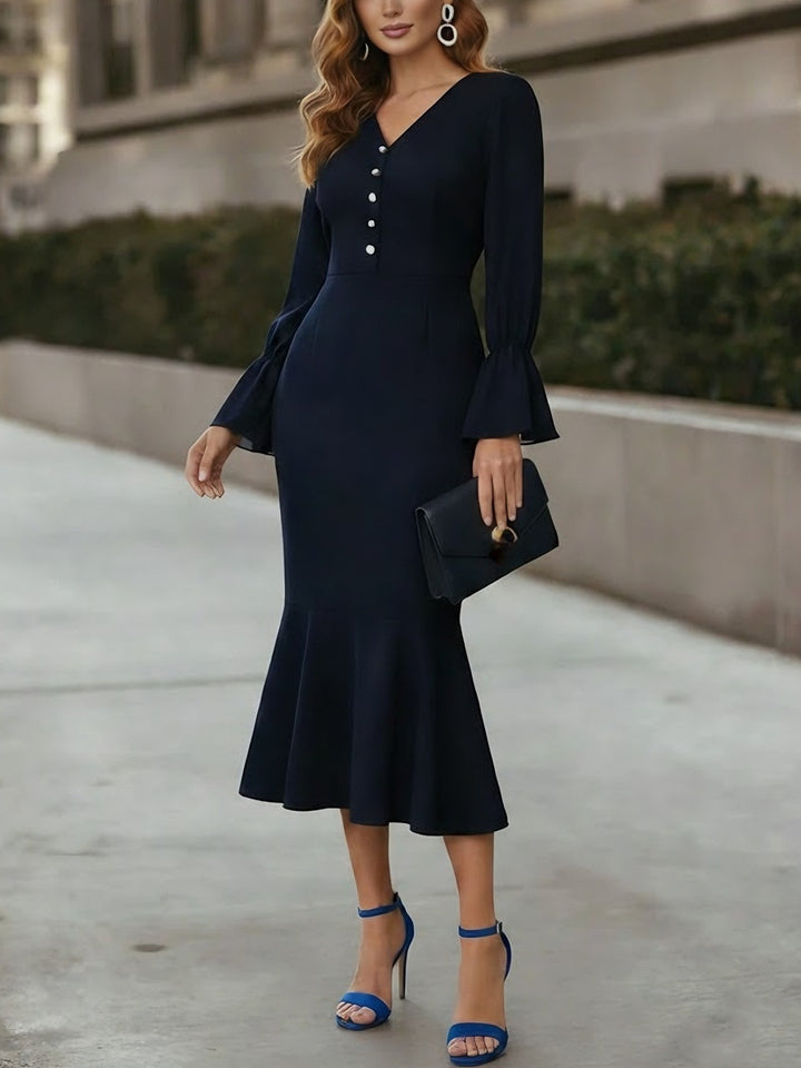Trumpet/Mermaid V-Neck Chiffon Cocktail Dresses Tea-Length Long Sleeves Formal Dresses with Pearl Button