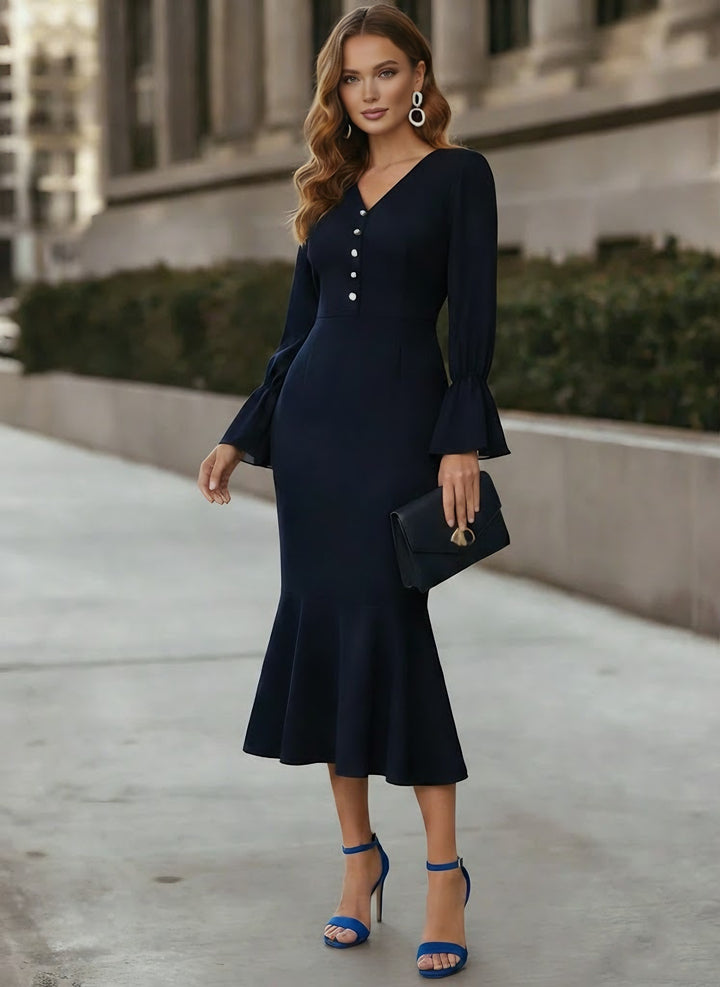 Trumpet/Mermaid V-Neck Chiffon Cocktail Dresses Tea-Length Long Sleeves Formal Dresses with Pearl Button