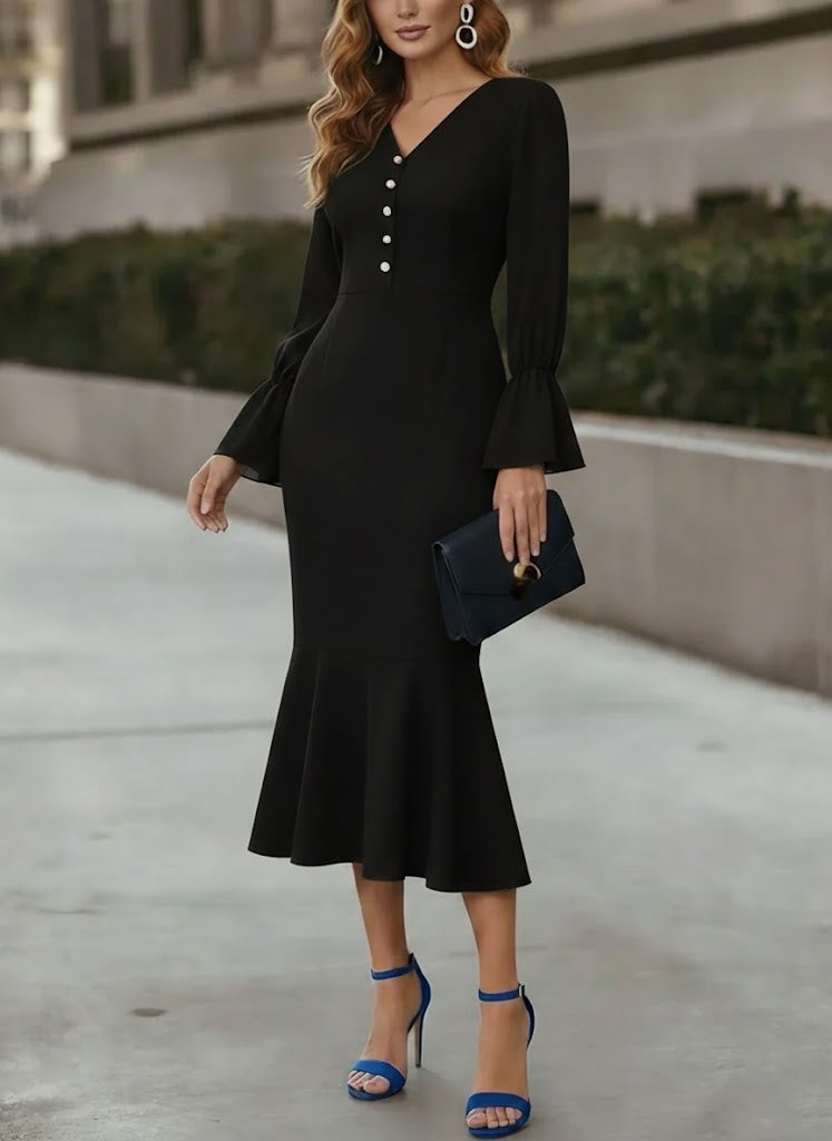 Trumpet/Mermaid V-Neck Chiffon Cocktail Dresses Tea-Length Long Sleeves Formal Dresses with Pearl Button