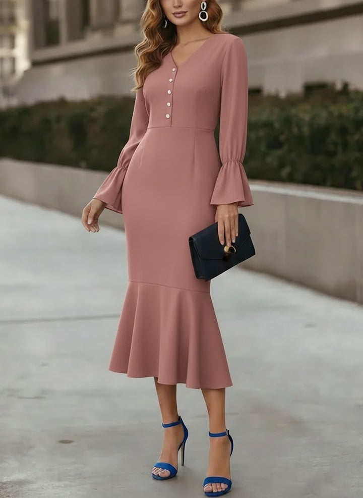 Trumpet/Mermaid V-Neck Chiffon Cocktail Dresses Tea-Length Long Sleeves Formal Dresses with Pearl Button