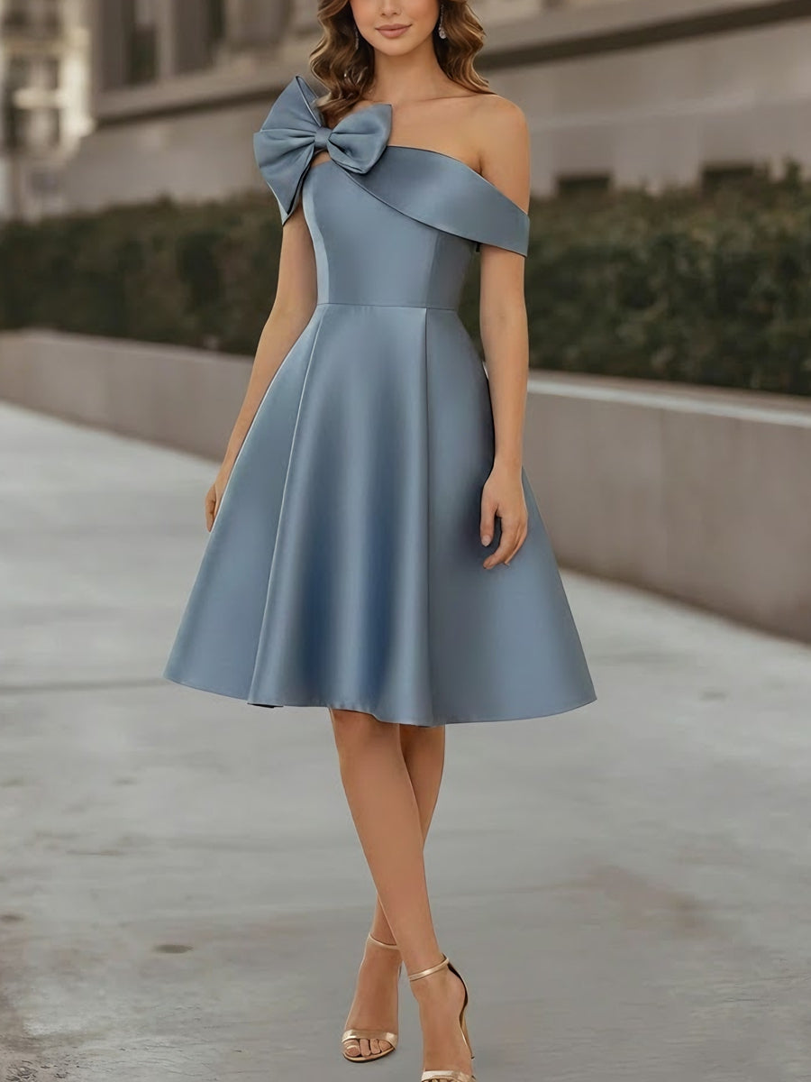 A-Line/Princess Off-the-Shoulder Satin Cocktail Dresses Sleeveless Knee-Length Formal Dresses with Bowknot