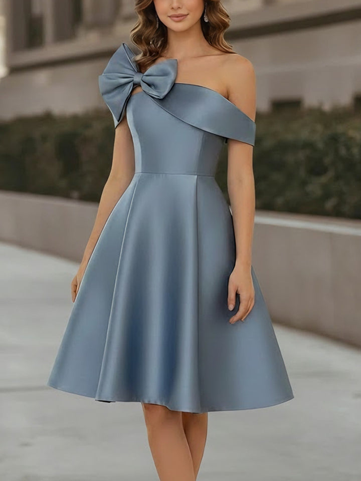 A-Line/Princess Off-the-Shoulder Satin Cocktail Dresses Sleeveless Knee-Length Formal Dresses with Bowknot