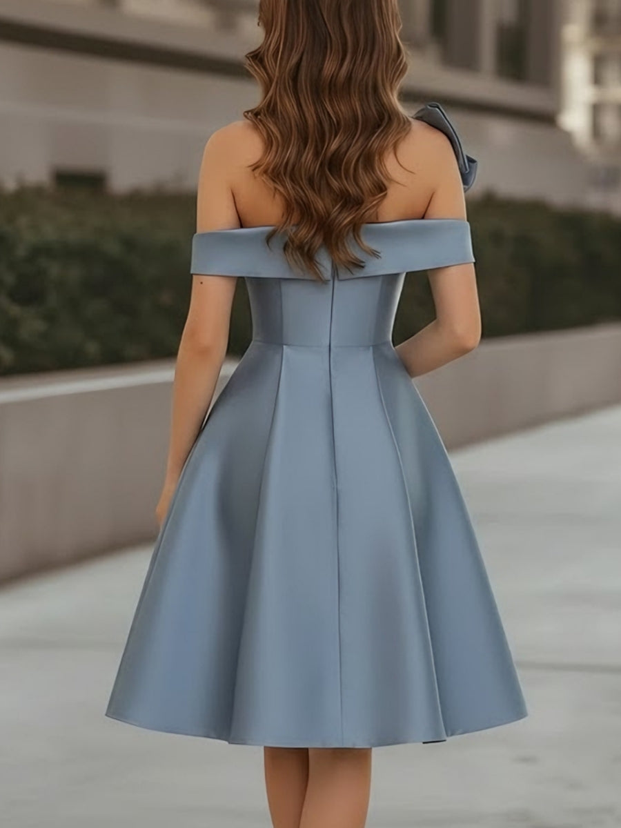 A-Line/Princess Off-the-Shoulder Satin Cocktail Dresses Sleeveless Knee-Length Formal Dresses with Bowknot