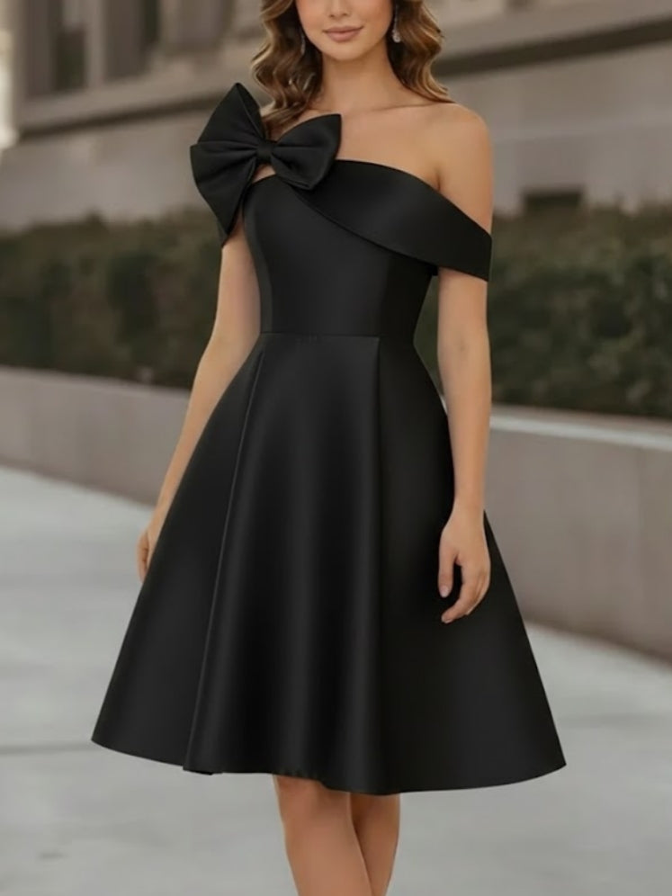 A-Line/Princess Off-the-Shoulder Satin Cocktail Dresses Sleeveless Knee-Length Formal Dresses with Bowknot