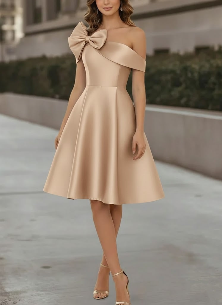 A-Line/Princess Off-the-Shoulder Satin Cocktail Dresses Sleeveless Knee-Length Formal Dresses with Bowknot
