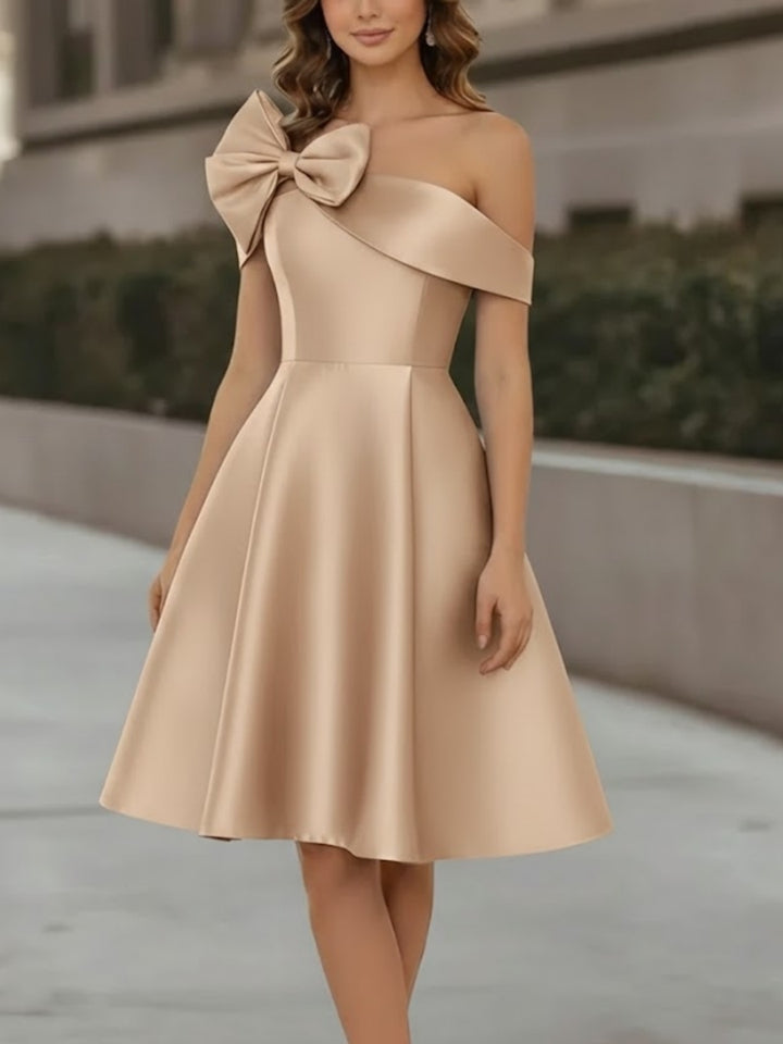 A-Line/Princess Off-the-Shoulder Satin Cocktail Dresses Sleeveless Knee-Length Formal Dresses with Bowknot