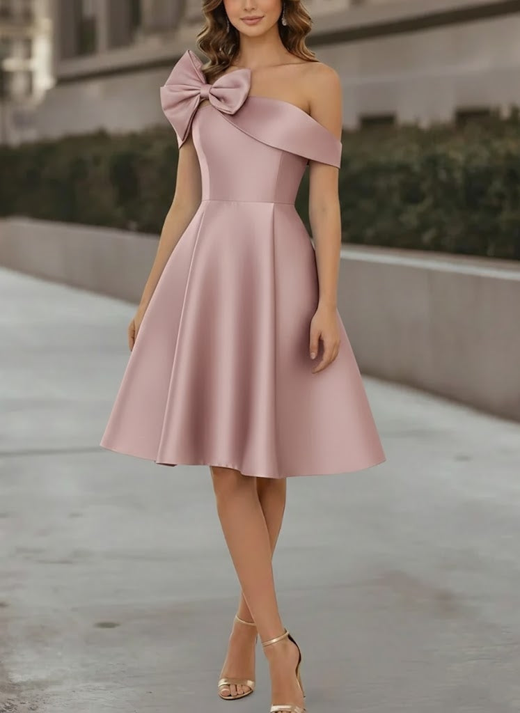 A-Line/Princess Off-the-Shoulder Satin Cocktail Dresses Sleeveless Knee-Length Formal Dresses with Bowknot