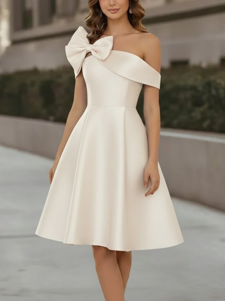 A-Line/Princess Off-the-Shoulder Satin Cocktail Dresses Sleeveless Knee-Length Formal Dresses with Bowknot