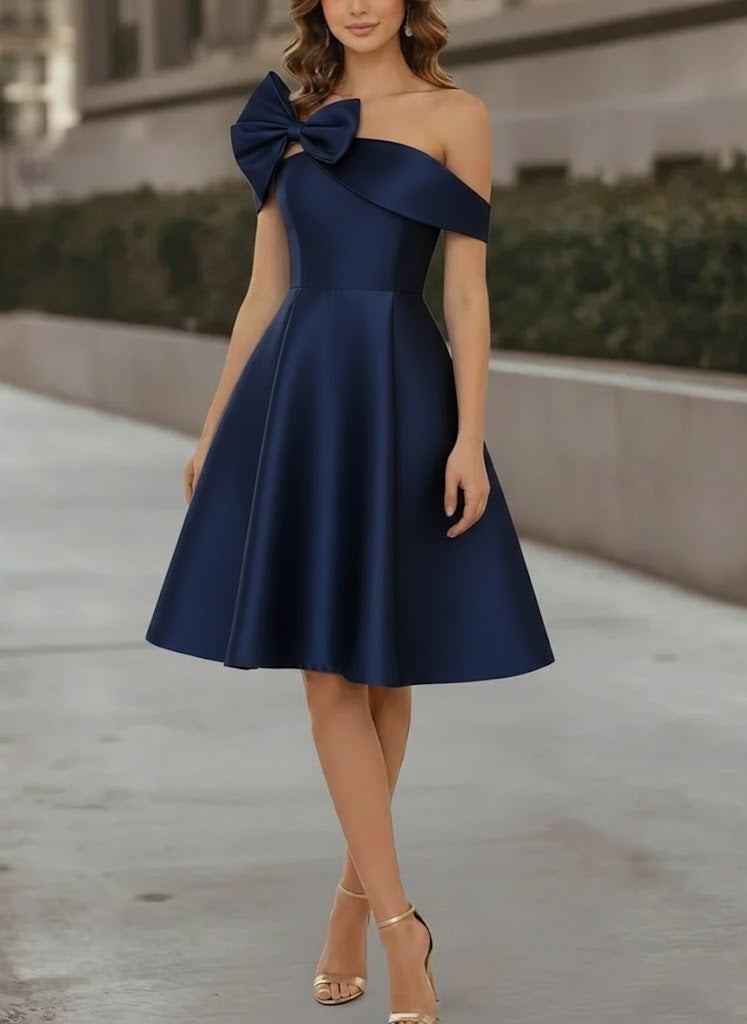 A-Line/Princess Off-the-Shoulder Satin Cocktail Dresses Sleeveless Knee-Length Formal Dresses with Bowknot