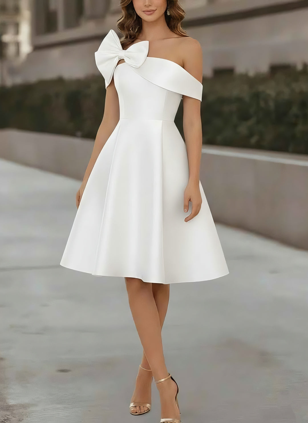 A-Line/Princess Off-the-Shoulder Satin Cocktail Dresses Sleeveless Knee-Length Formal Dresses with Bowknot