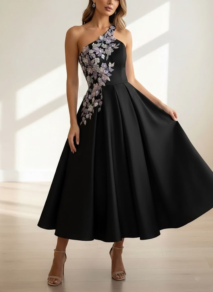 A-Line/Princess One-Shoulder Satin Cocktail Dresses Sleeveless Tea-Length Floral Formal Dresses