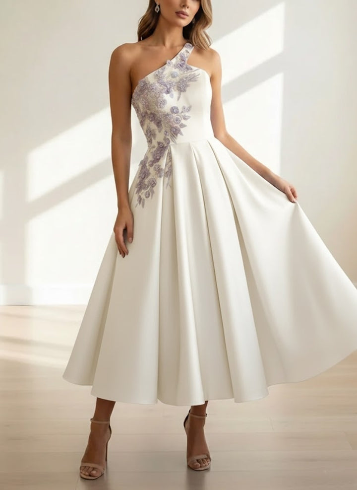 A-Line/Princess One-Shoulder Satin Cocktail Dresses Sleeveless Tea-Length Floral Formal Dresses