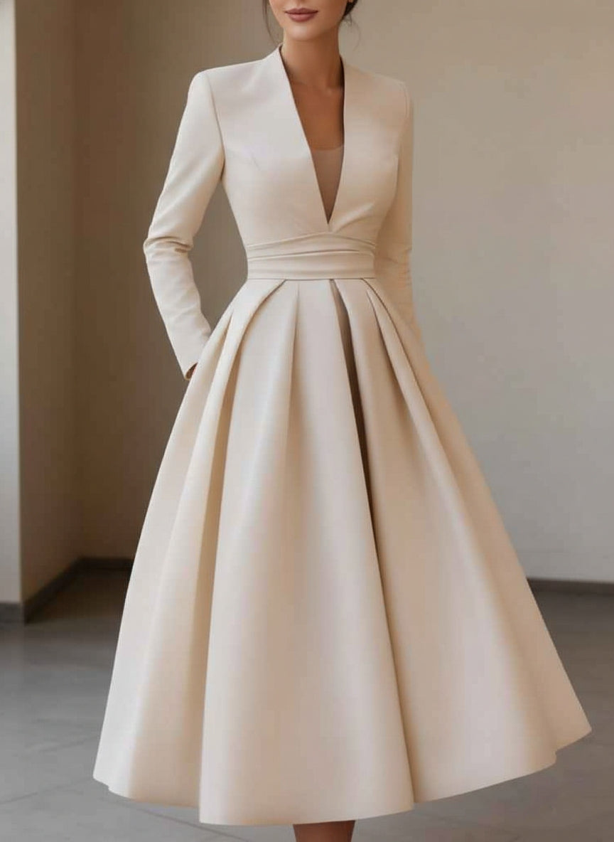 A-Line/Princess V-Neck Satin Cocktail Dresses Tea-Length Long Sleeves  Pleated Formal Dresses
