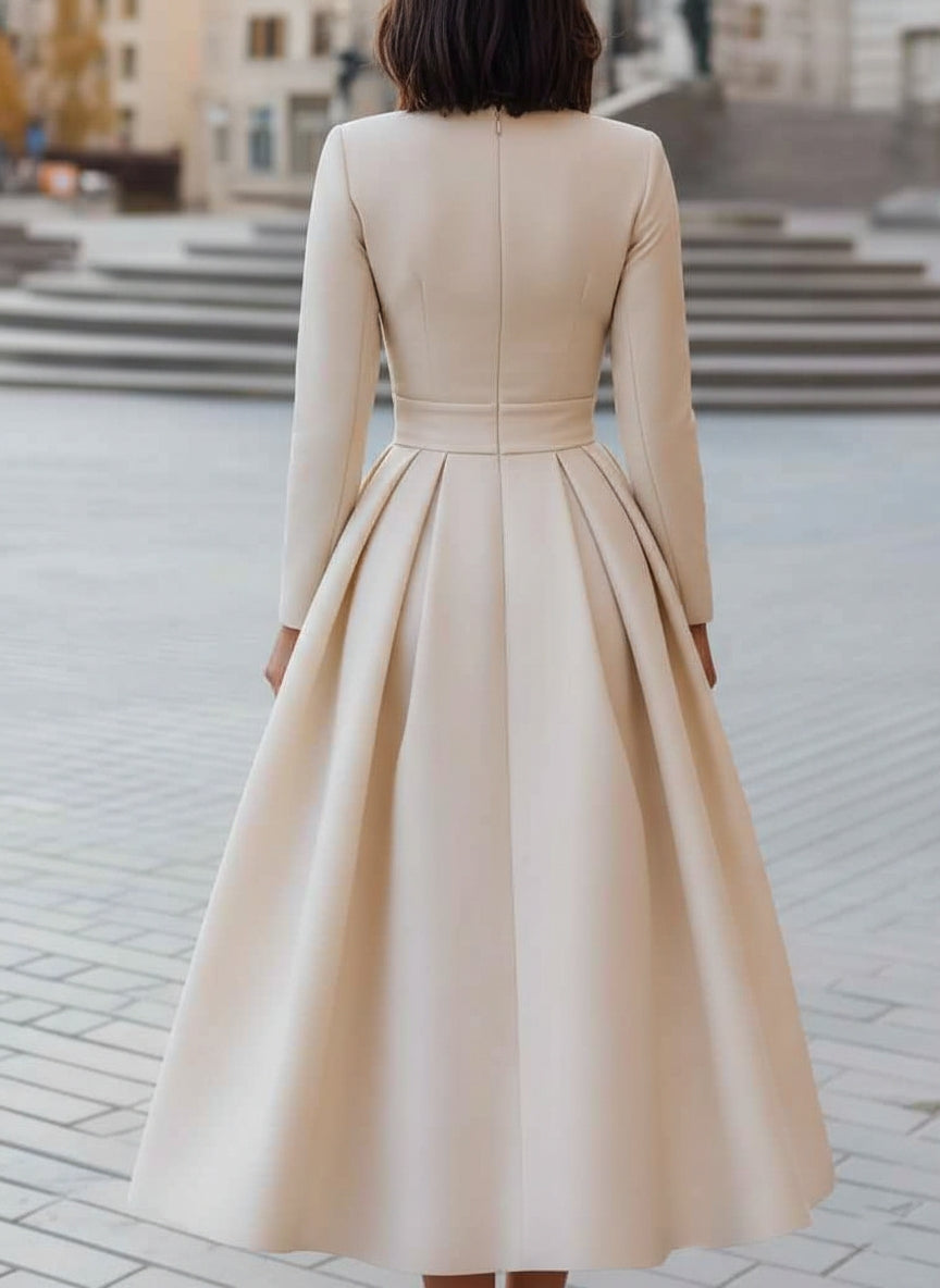 A-Line/Princess V-Neck Satin Cocktail Dresses Tea-Length Long Sleeves Pleated Formal Dresses Ivory A-Line/Princess V-Neck Satin Cocktail Dresses Tea-Length Long Sleeves Pleated Formal Dresses Ivory