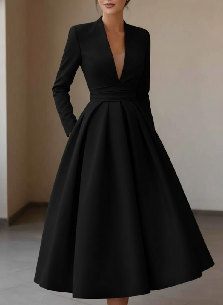 A-Line/Princess V-Neck Satin Cocktail Dresses Tea-Length Long Sleeves Pleated Formal Dresses