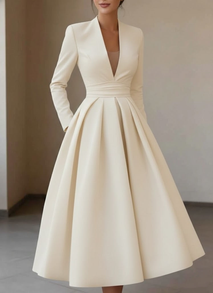 A-Line/Princess V-Neck Satin Cocktail Dresses Tea-Length Long Sleeves Pleated Formal Dresses